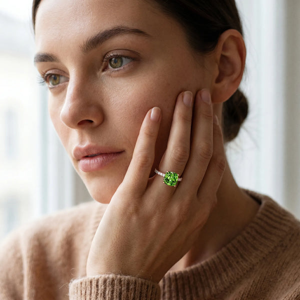 Rose gold Cushion Cut Peridot Solitaire Ring with Round  Pavé Band and Four-Prong Setting