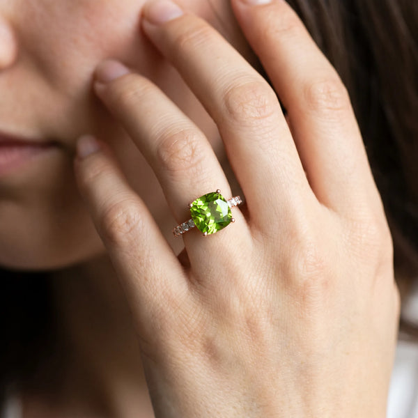 Rose gold Cushion Cut Peridot Solitaire Ring with Round  Pavé Band and Four-Prong Setting