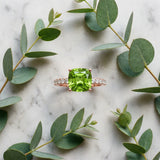 Rose gold Cushion Cut Peridot Solitaire Ring with Round  Pavé Band and Four-Prong Setting_45