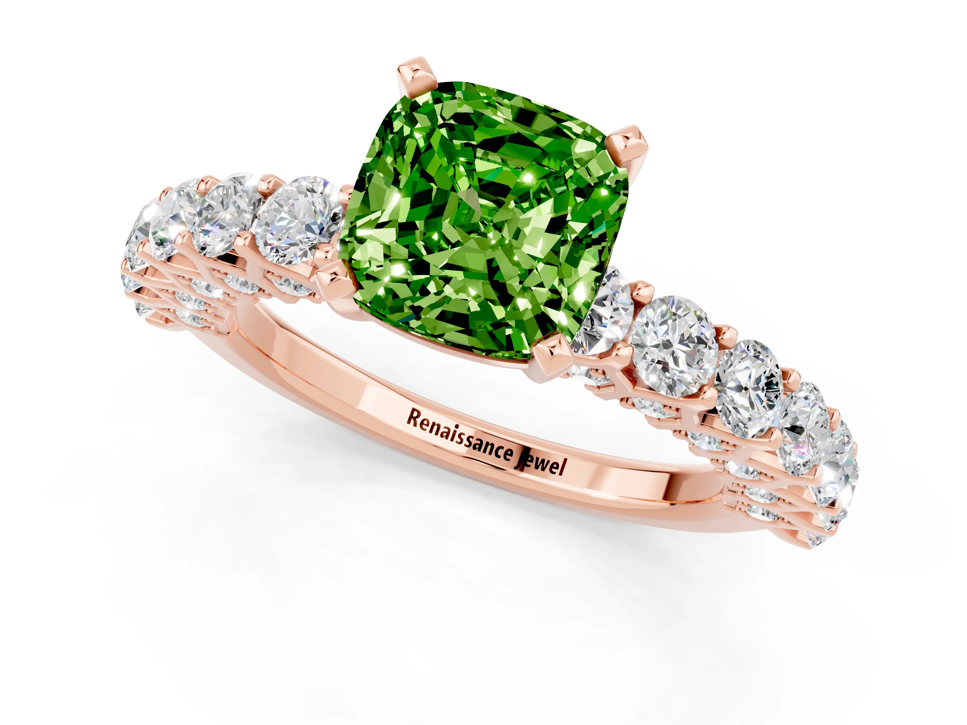 Rose gold Cushion Cut Peridot Solitaire Ring with Shared Prong Pavé Band and Four-Prong Setting_1