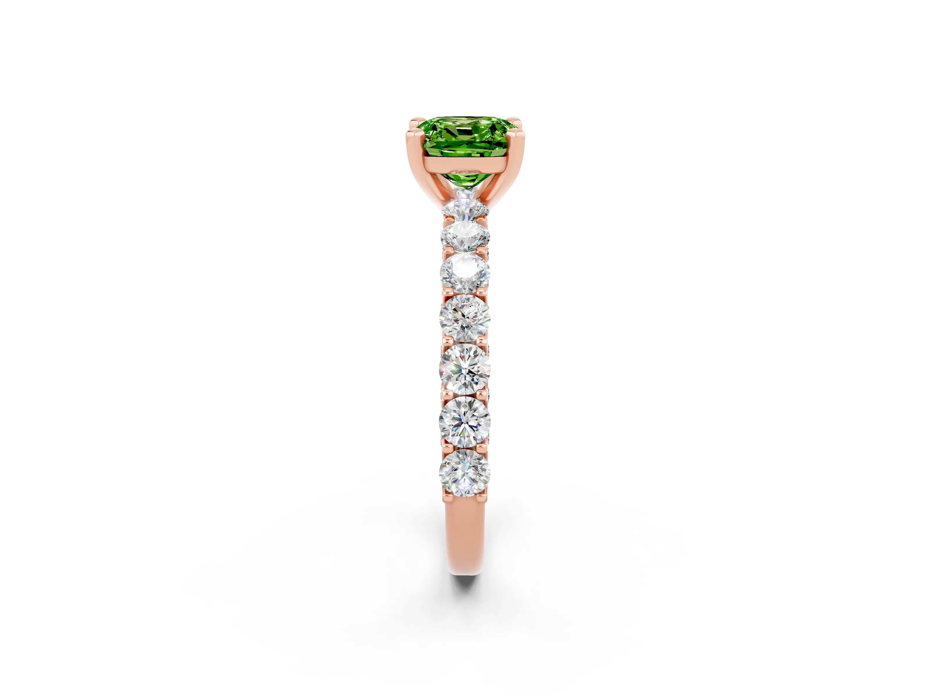 Rose gold Cushion Cut Peridot Solitaire Ring with Shared Prong Pavé Band and Four-Prong Setting_2