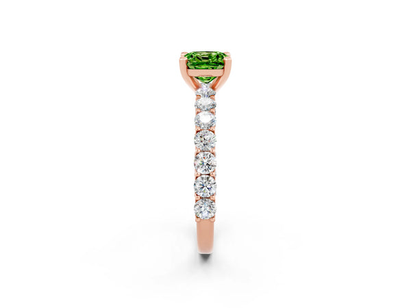 Rose gold Cushion Cut Peridot Solitaire Ring with Shared Prong Pavé Band and Four-Prong Setting