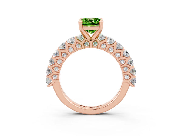 Rose gold Cushion Cut Peridot Solitaire Ring with Shared Prong Pavé Band and Four-Prong Setting
