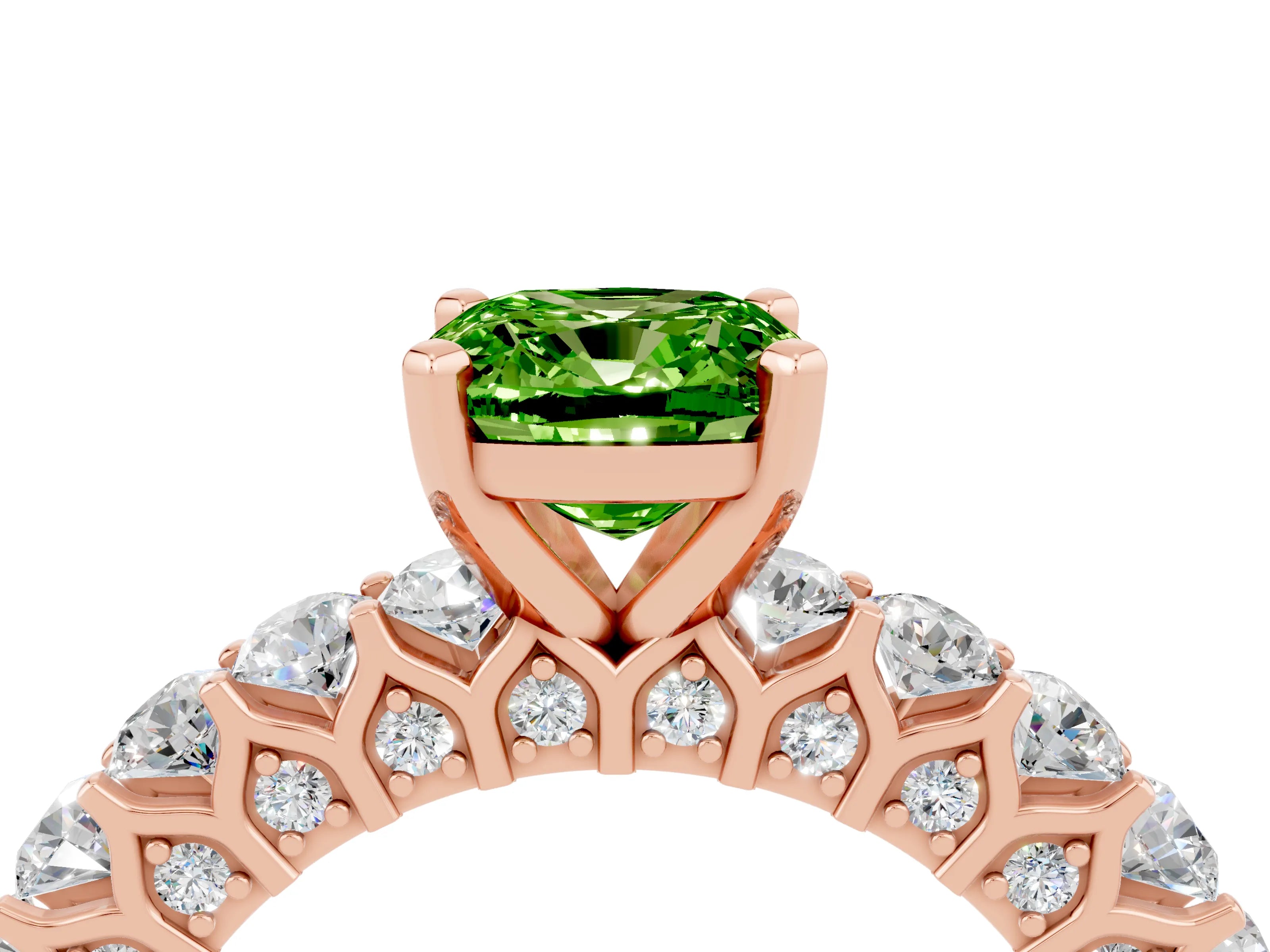 Rose gold Cushion Cut Peridot Solitaire Ring with Shared Prong Pavé Band and Four-Prong Setting_4