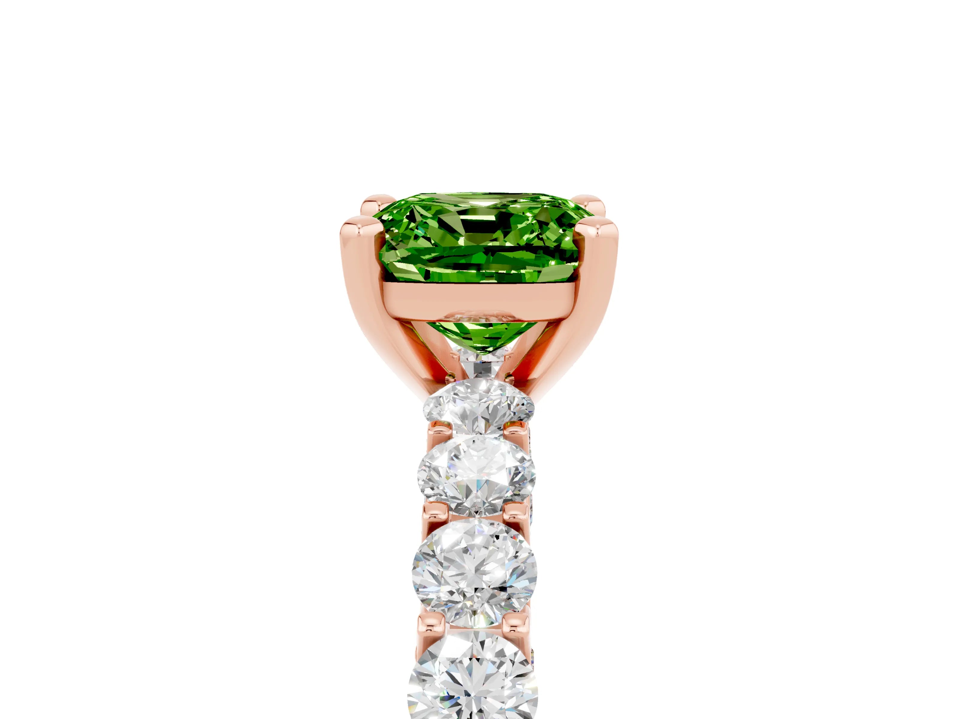 Rose gold Cushion Cut Peridot Solitaire Ring with Shared Prong Pavé Band and Four-Prong Setting_5