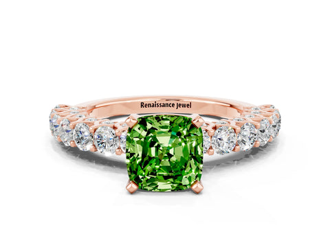 Rose gold Cushion Cut Peridot Solitaire Ring with Shared Prong Pavé Band and Four-Prong Setting