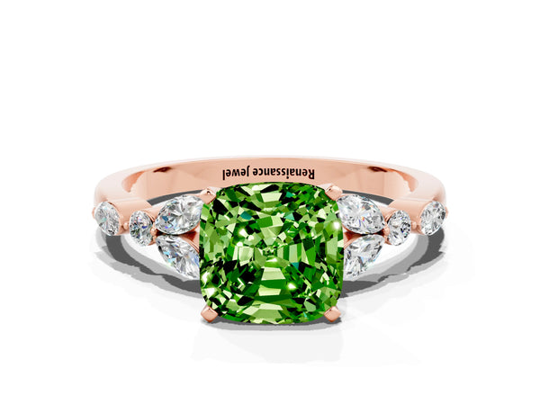 Rose gold Cushion Cut Peridot Solitaire Ring with Side Stones and Four-Prong Setting