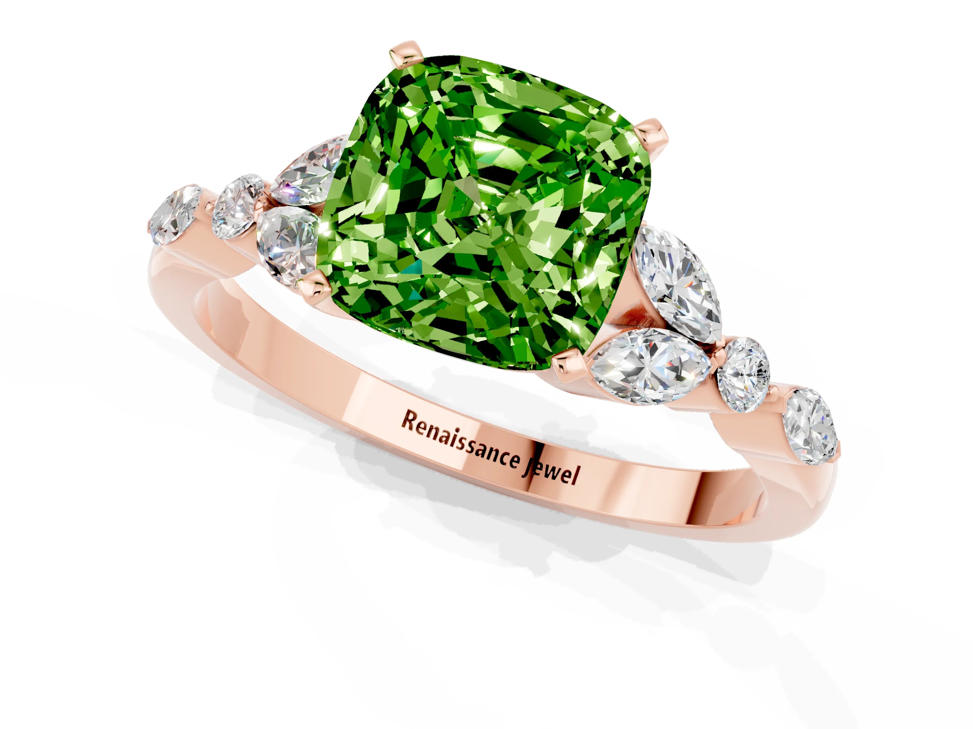 Rose gold Cushion Cut Peridot Solitaire Ring with Side Stones and Four-Prong Setting_13