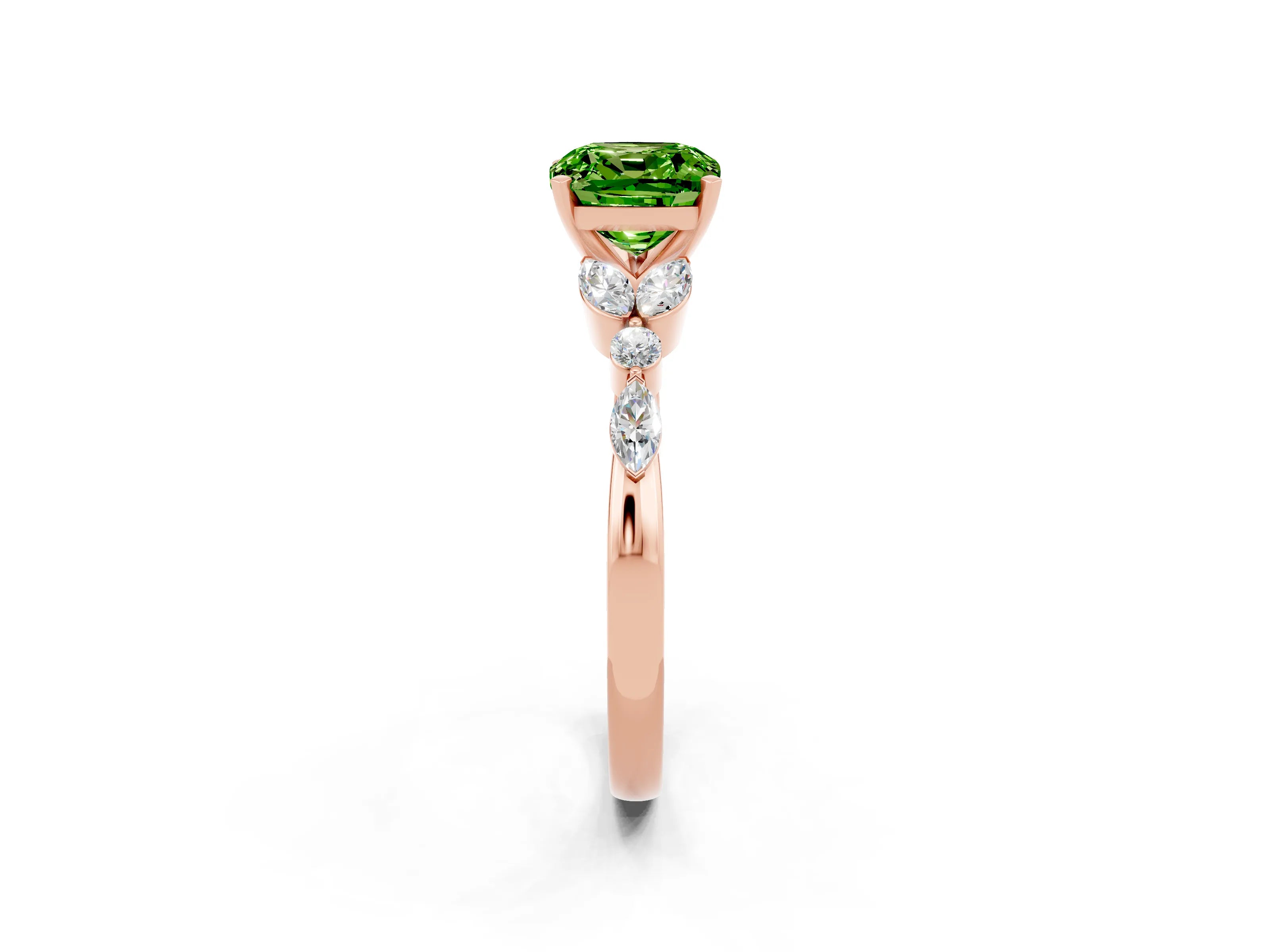 Rose gold Cushion Cut Peridot Solitaire Ring with Side Stones and Four-Prong Setting_14