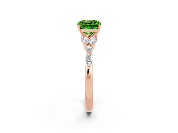 Rose gold Cushion Cut Peridot Solitaire Ring with Side Stones and Four-Prong Setting