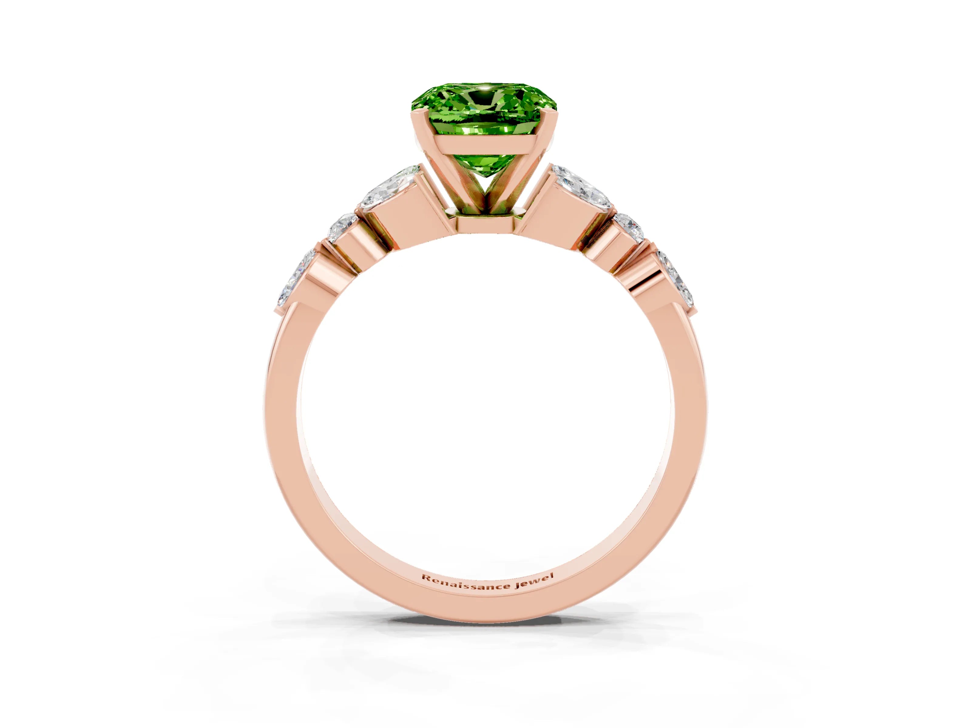 Rose gold Cushion Cut Peridot Solitaire Ring with Side Stones and Four-Prong Setting_15