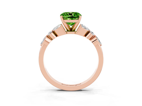Rose gold Cushion Cut Peridot Solitaire Ring with Side Stones and Four-Prong Setting