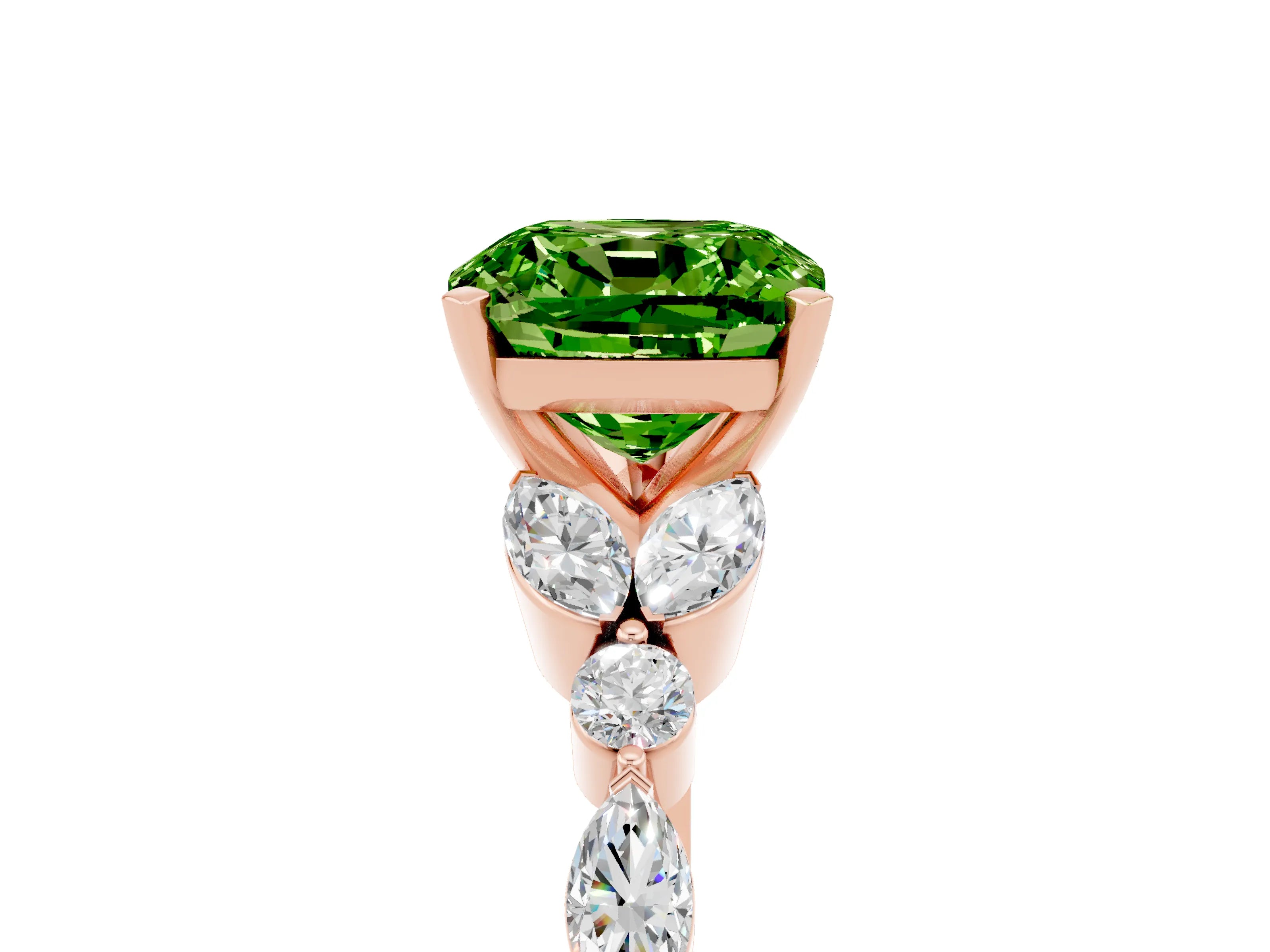 Rose gold Cushion Cut Peridot Solitaire Ring with Side Stones and Four-Prong Setting_17