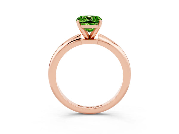 Rose gold Cushion Cut Peridot Solitaire Ring with Six-Prong Setting and Classic Band