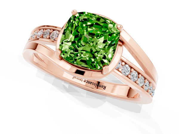 Rose gold Cushion Cut Peridot Solitaire Ring with Split Shank and Prong Setting