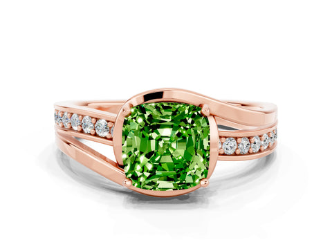 Rose gold Cushion Cut Peridot Solitaire Ring with Split Shank and Prong Setting