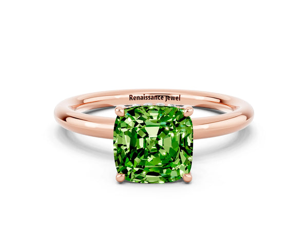 Rose gold Cushion Cut Peridot Solitaire Ring with Thin Band and Four-Prong Setting
