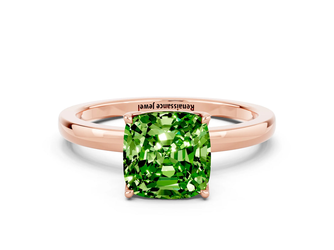 Rose gold Cushion Cut Peridot Solitaire Ring with Thin Band and Prong Setting_12