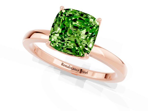 Rose gold Cushion Cut Peridot Solitaire Ring with Thin Band and Prong Setting