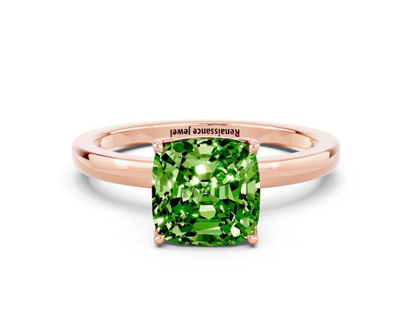Rose gold Cushion Cut Peridot Solitaire Ring with Thin Band and Prong Setting