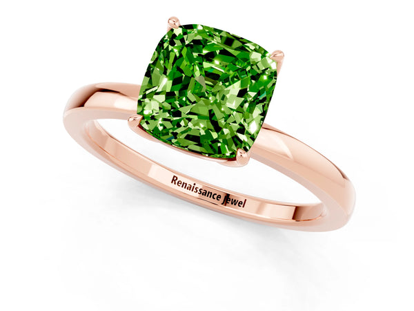 Rose gold Cushion Cut Peridot Solitaire Ring with Thin Band and Prong Setting