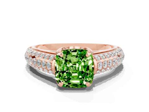 Rose gold Cushion Cut Peridot Solitaire Ring with Three-Row Pavé Band and Four-Prong Setting_12