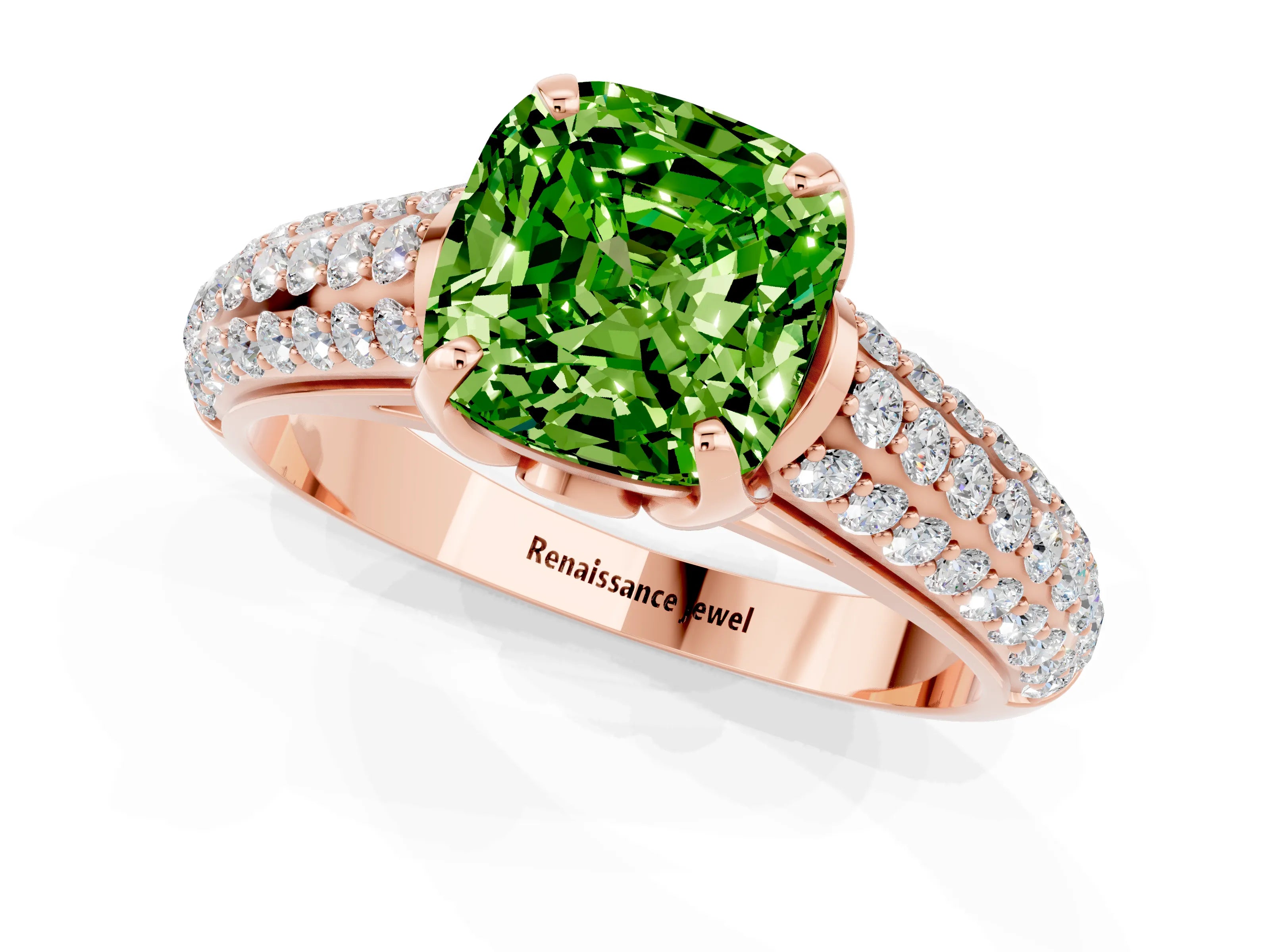 Rose gold Cushion Cut Peridot Solitaire Ring with Three-Row Pavé Band and Four-Prong Setting_13