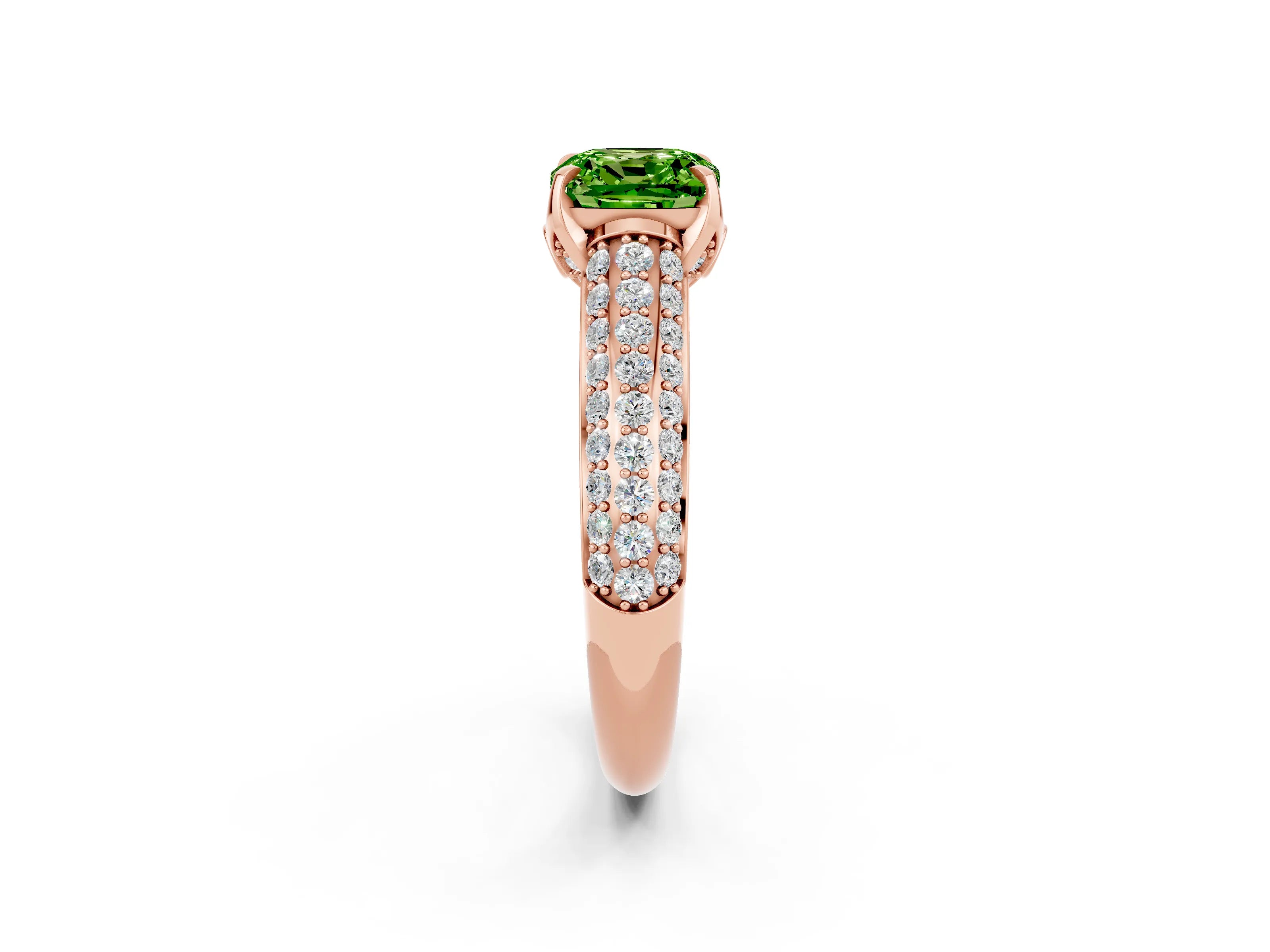 Rose gold Cushion Cut Peridot Solitaire Ring with Three-Row Pavé Band and Four-Prong Setting_14