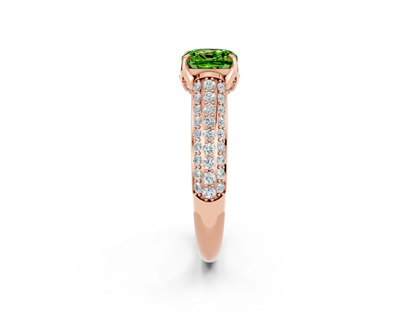 Rose gold Cushion Cut Peridot Solitaire Ring with Three-Row Pavé Band and Four-Prong Setting