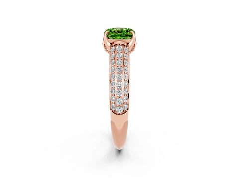 Rose gold Cushion Cut Peridot Solitaire Ring with Three-Row Pavé Band and Four-Prong Setting_14