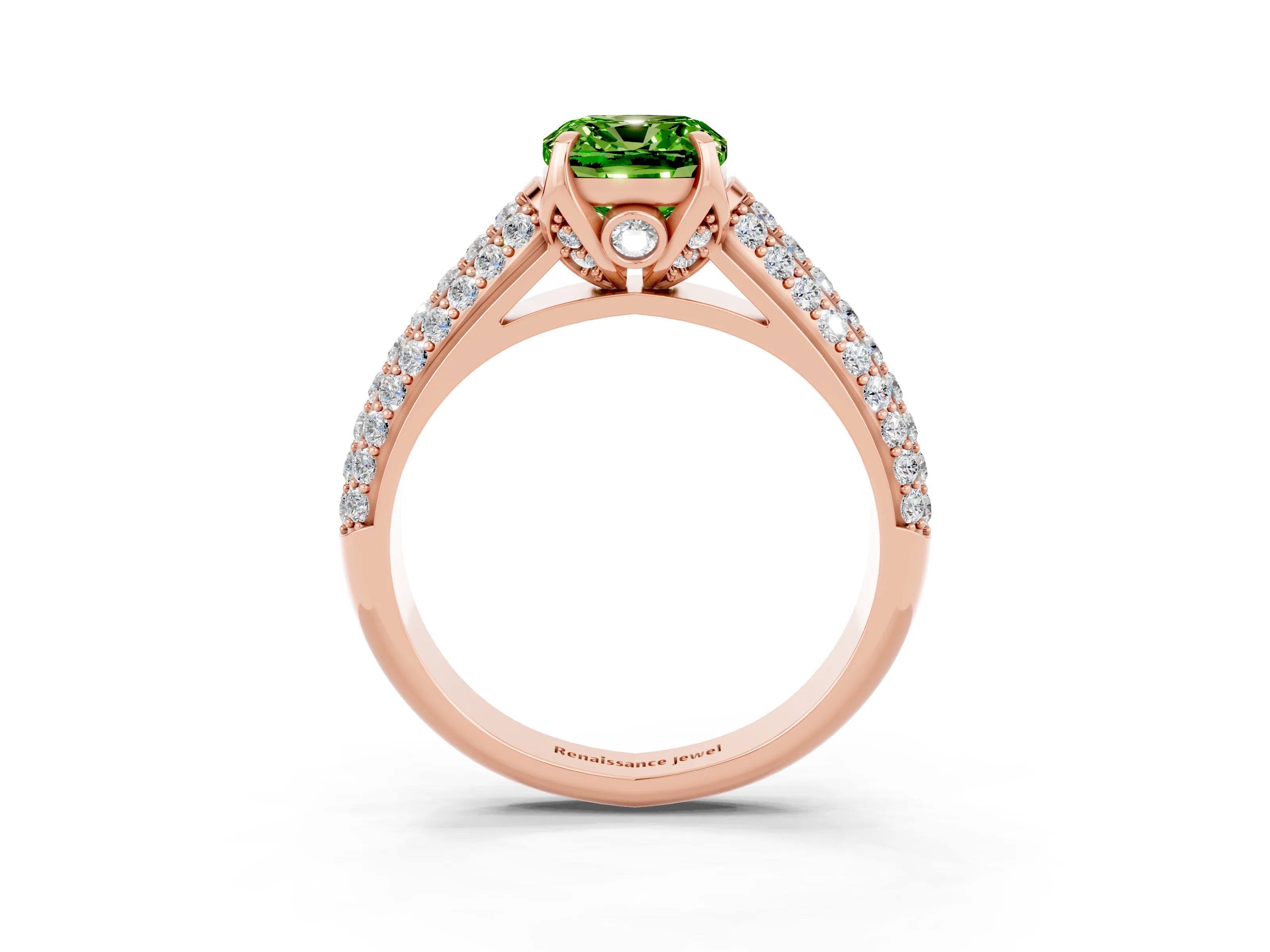 Rose gold Cushion Cut Peridot Solitaire Ring with Three-Row Pavé Band and Four-Prong Setting_15