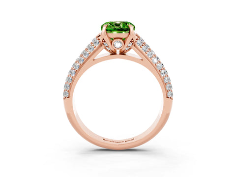 Rose gold Cushion Cut Peridot Solitaire Ring with Three-Row Pavé Band and Four-Prong Setting_15