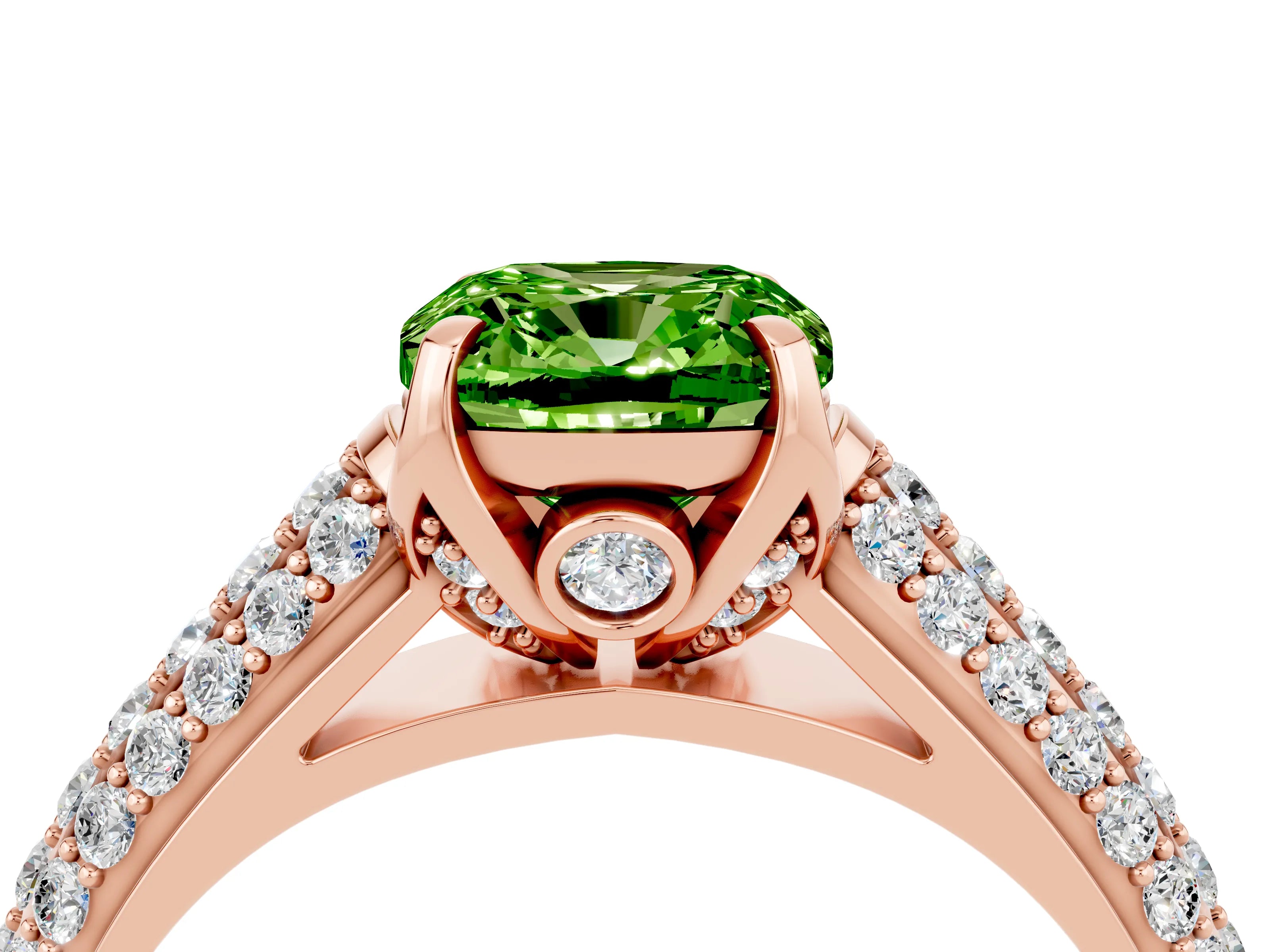 Rose gold Cushion Cut Peridot Solitaire Ring with Three-Row Pavé Band and Four-Prong Setting_16