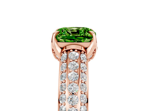 Rose gold Cushion Cut Peridot Solitaire Ring with Three-Row Pavé Band and Four-Prong Setting_17