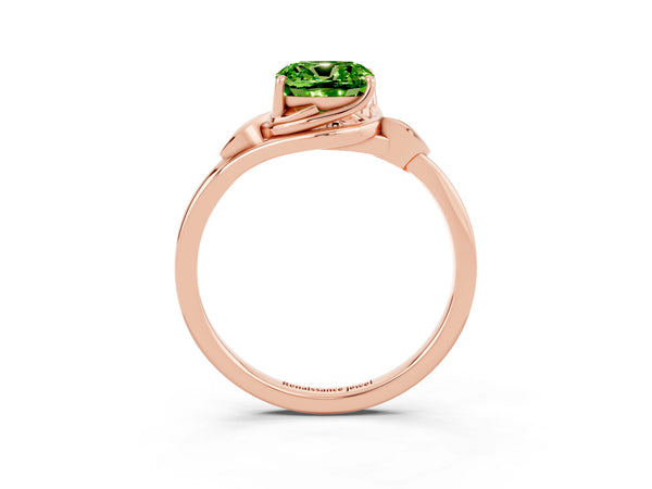 Rose gold Cushion Cut Peridot Solitaire Ring with Twist Band and Four-Prong Setting