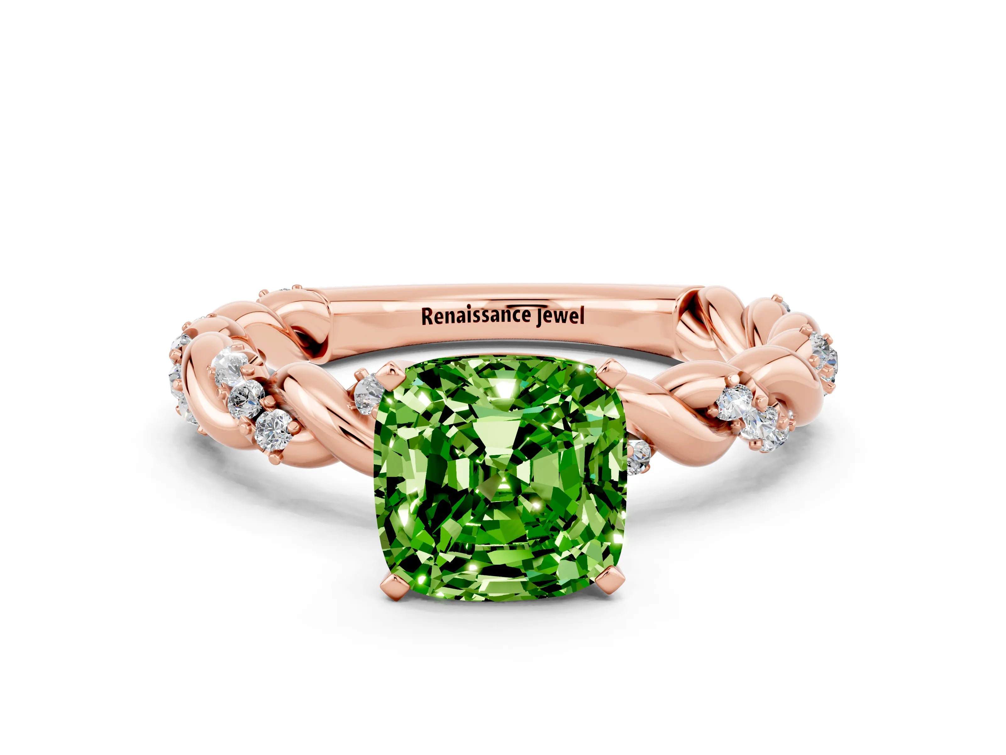 Rose gold Cushion Cut Peridot Solitaire Ring with Twisted Band and Pavé Accents