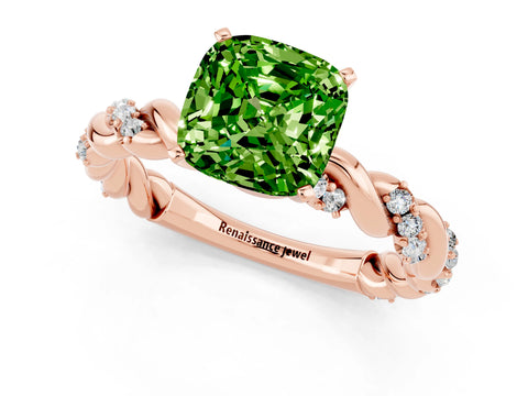 Rose gold Cushion Cut Peridot Solitaire Ring with Twisted Band and Pavé Accents_1