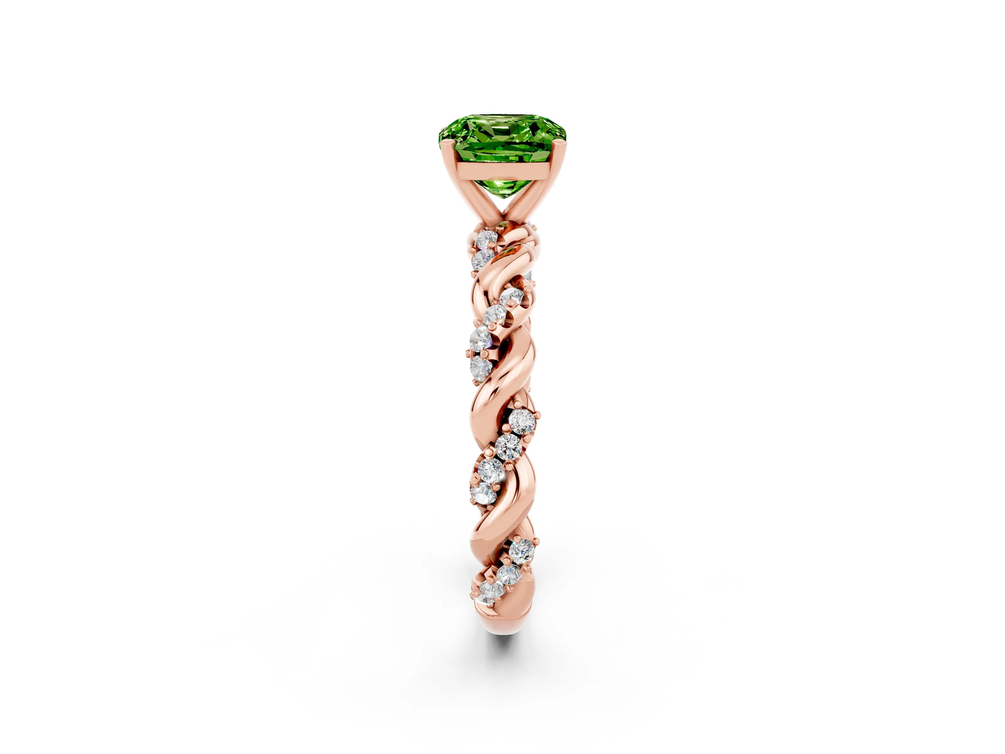 Rose gold Cushion Cut Peridot Solitaire Ring with Twisted Band and Pavé Accents_2