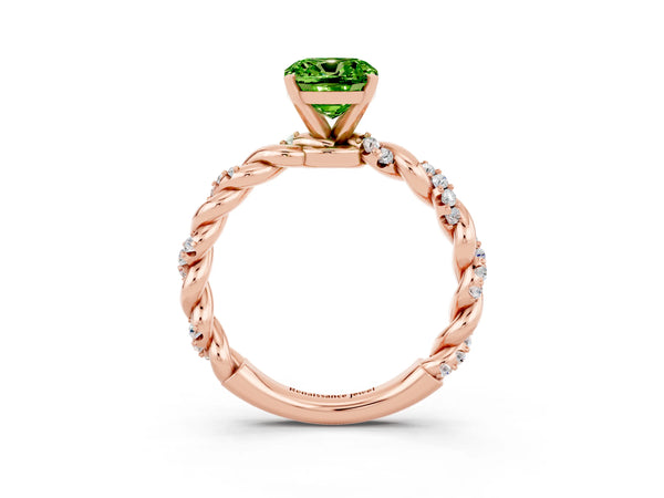 Rose gold Cushion Cut Peridot Solitaire Ring with Twisted Band and Pavé Accents