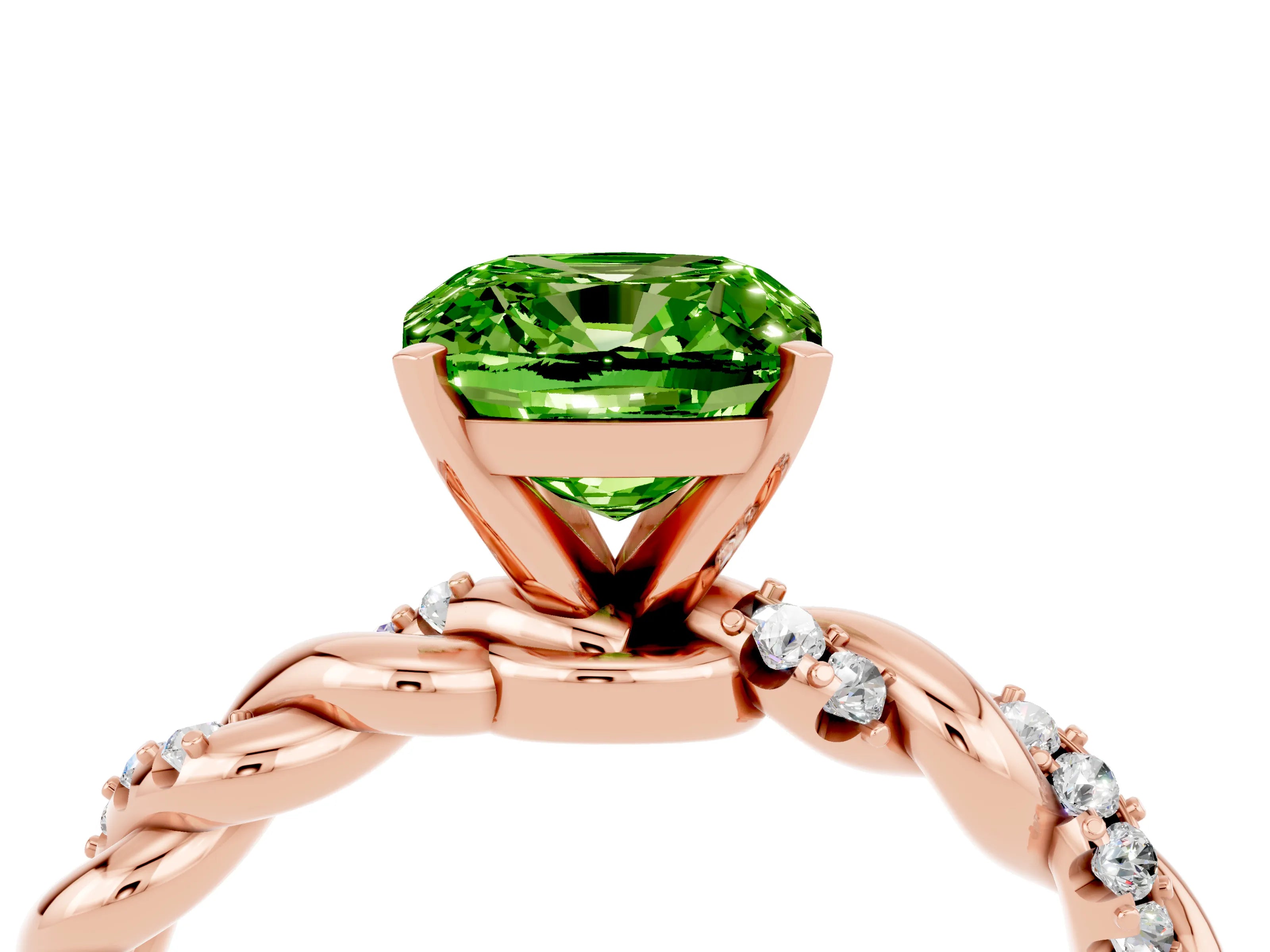 Rose gold Cushion Cut Peridot Solitaire Ring with Twisted Band and Pavé Accents_4