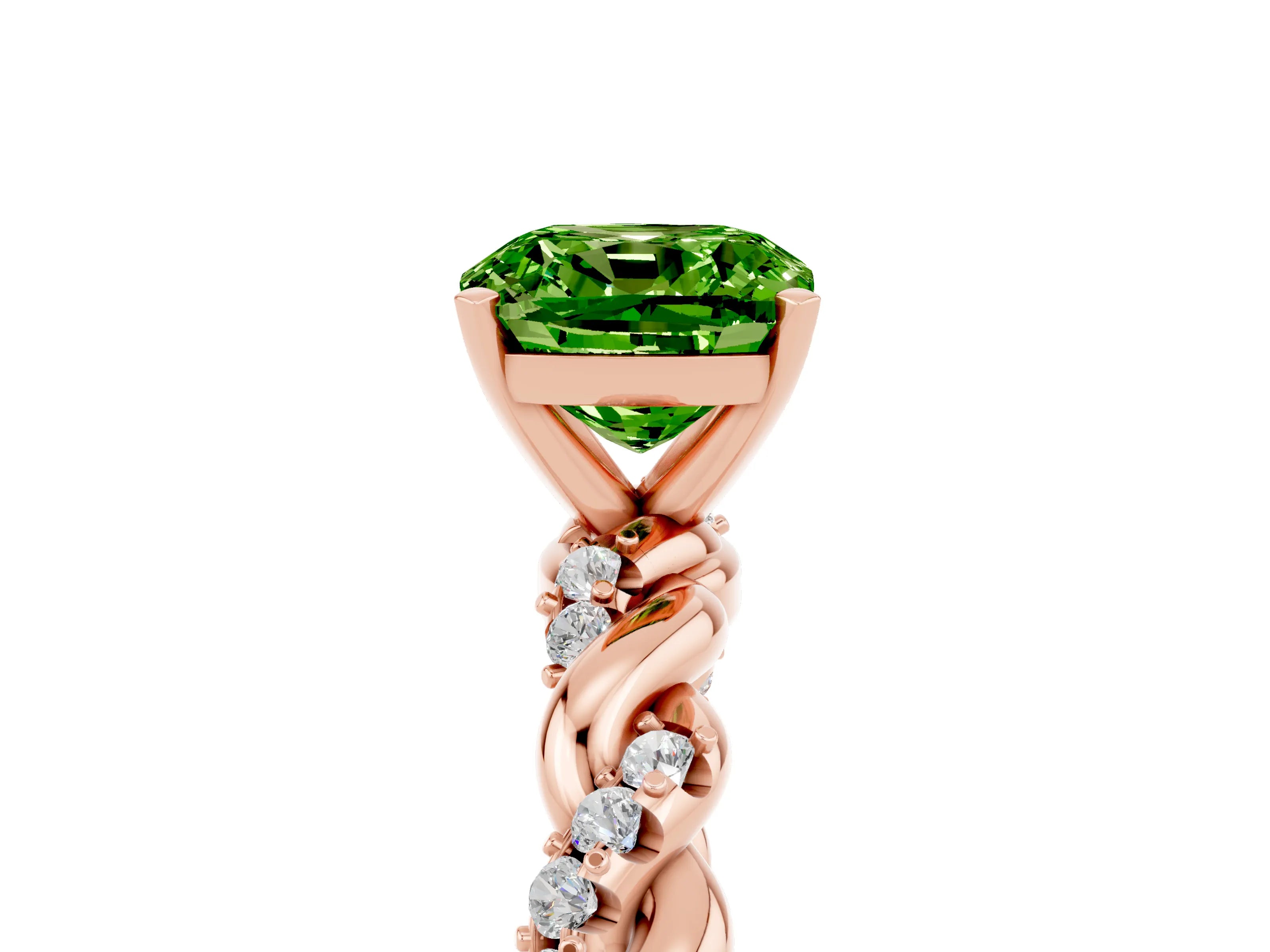 Rose gold Cushion Cut Peridot Solitaire Ring with Twisted Band and Pavé Accents_5