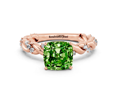 Rose gold Cushion Cut Peridot Solitaire Ring with Twisted Band and Pavé Accents