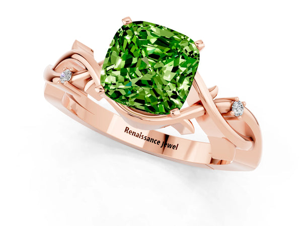 Rose gold Cushion Cut Peridot Solitaire Ring with Twisted Band and Prong Setting