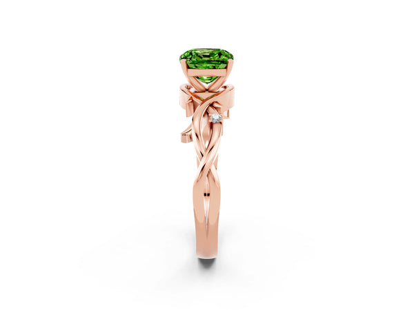 Rose gold Cushion Cut Peridot Solitaire Ring with Twisted Band and Prong Setting