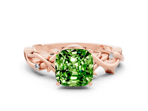 Rose gold Cushion Cut Peridot Solitaire Ring with Twisted Band and Prong Setting