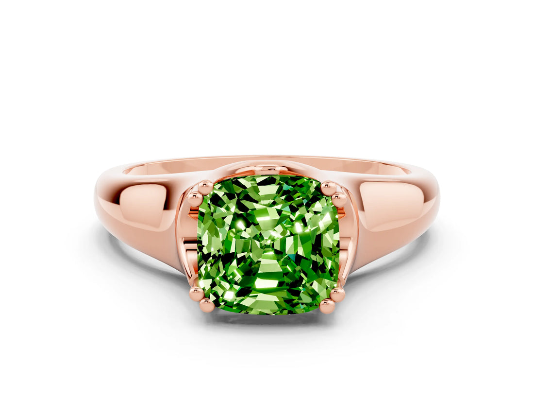Rose gold Cushion Cut Peridot Solitaire Ring with Wide Band and Prong Setting
