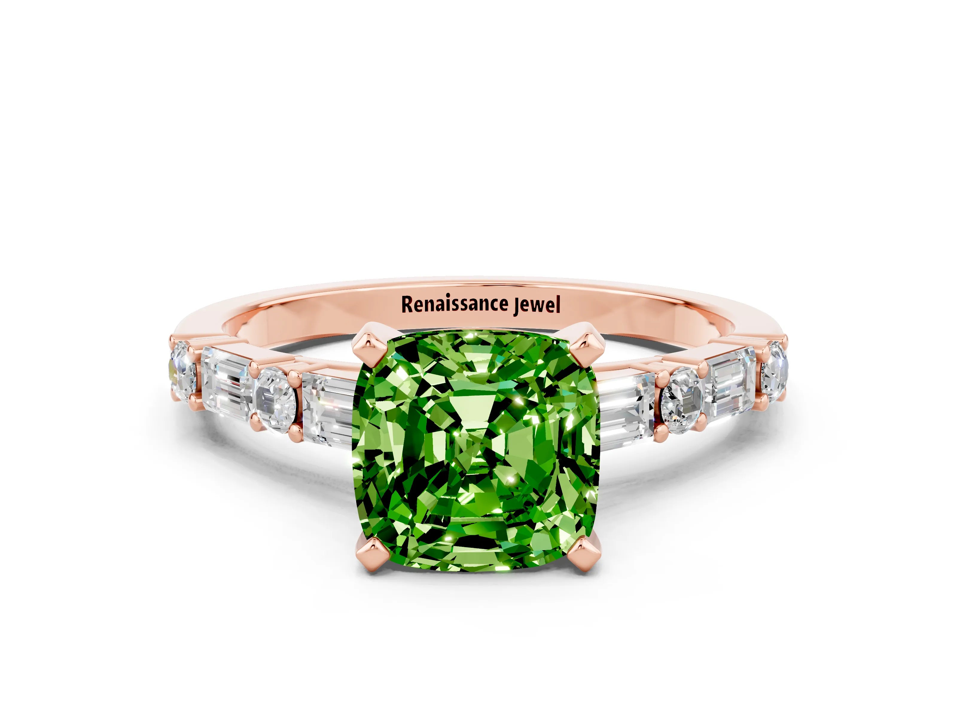Rose gold Cushion Cut Peridot Solitaire with Side Baguettes and Channel Set Band