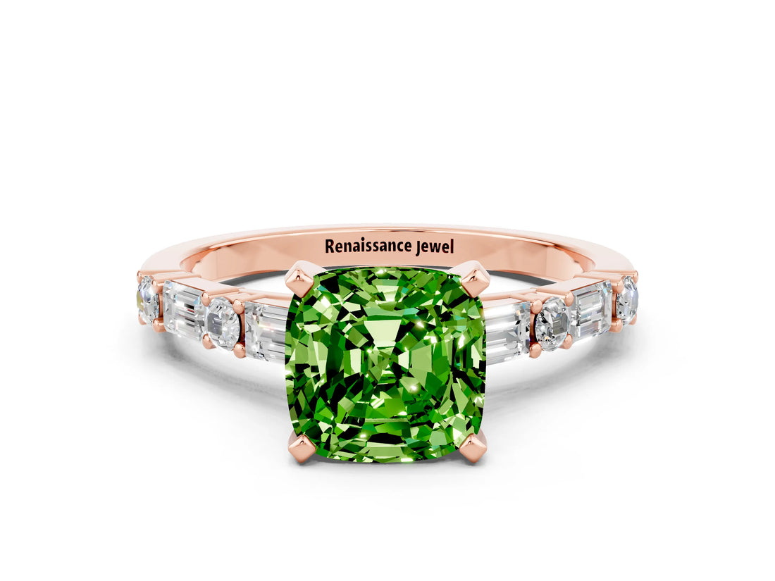 Rose gold Cushion Cut Peridot Solitaire with Side Baguettes and Channel Set Band