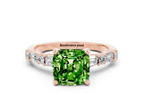 Rose gold Cushion Cut Peridot Solitaire with Side Baguettes and Channel Set Band