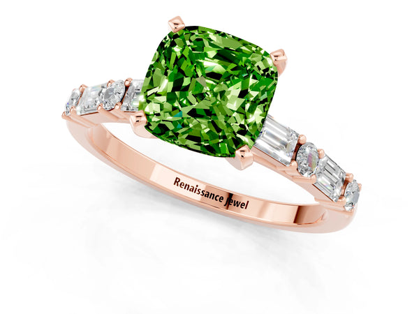 Rose gold Cushion Cut Peridot Solitaire with Side Baguettes and Channel Set Band